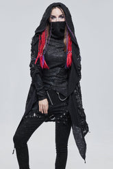 Manteau tricoté pour femmes avec design de trou diabolique punk noir, couture en forme de croix, maille transparente et décoration en métal